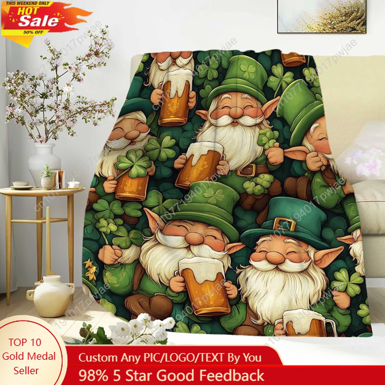 Home Textiles & Furnishings - 聖パトリックの日ノーム柄スローブランケット、ビールジョッキとシャムロック柄、あらゆる年齢層にぴったりの心地よいグリーンブランケット、聖パトリックの日用カスタムブランケットに最適