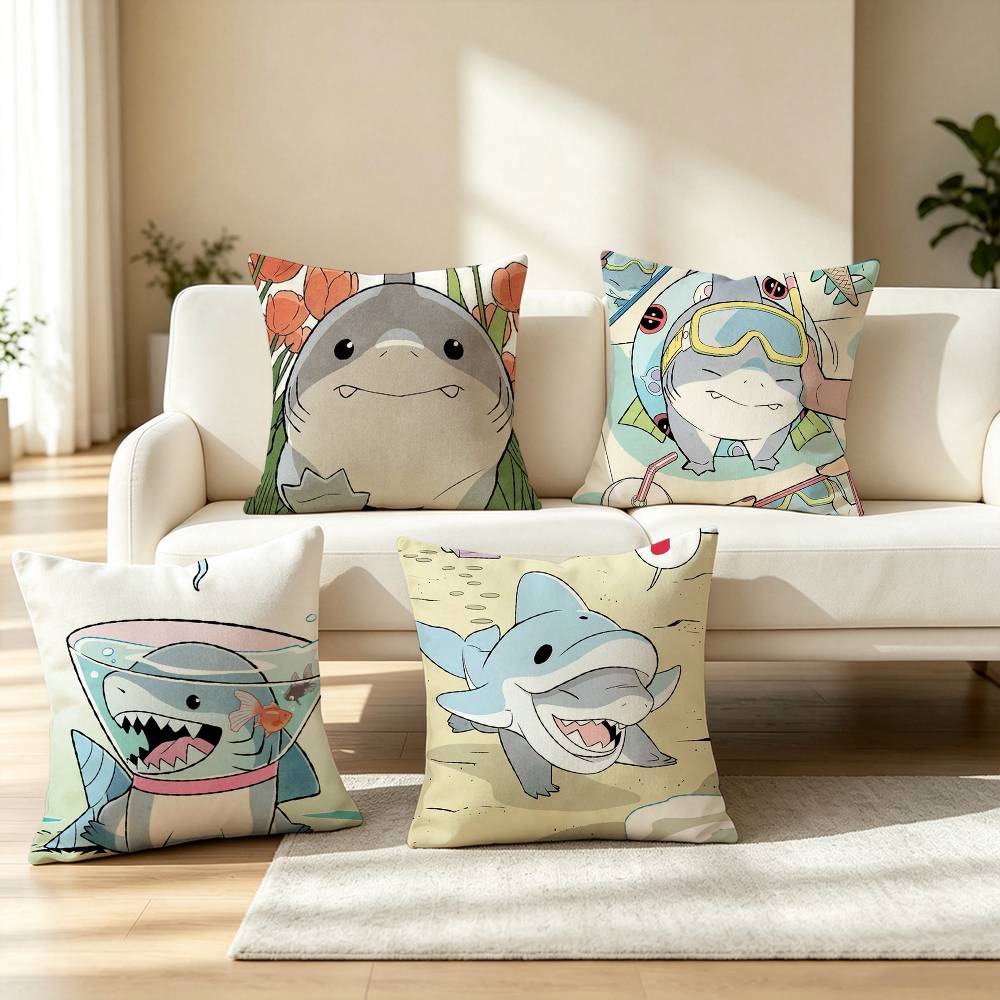 Home Landing Textiles - かわいいランドシャークのジェフ柄枕カバー、正方形両面ソファクッションカバー、寝室ベッドサイド枕