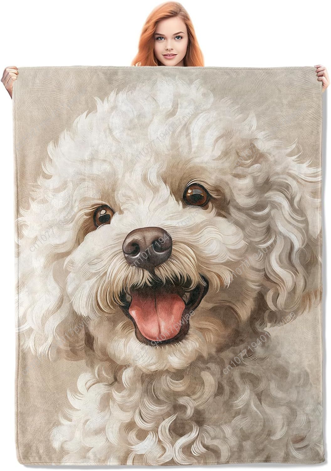 Home Textiles & Furnishings - 楽しいプードルの肖像画ブランケット、リアルな犬のデザイン、柔らかいフリースのスロー、犬好きのためのニュートラルな色合いのカスタムブランケット