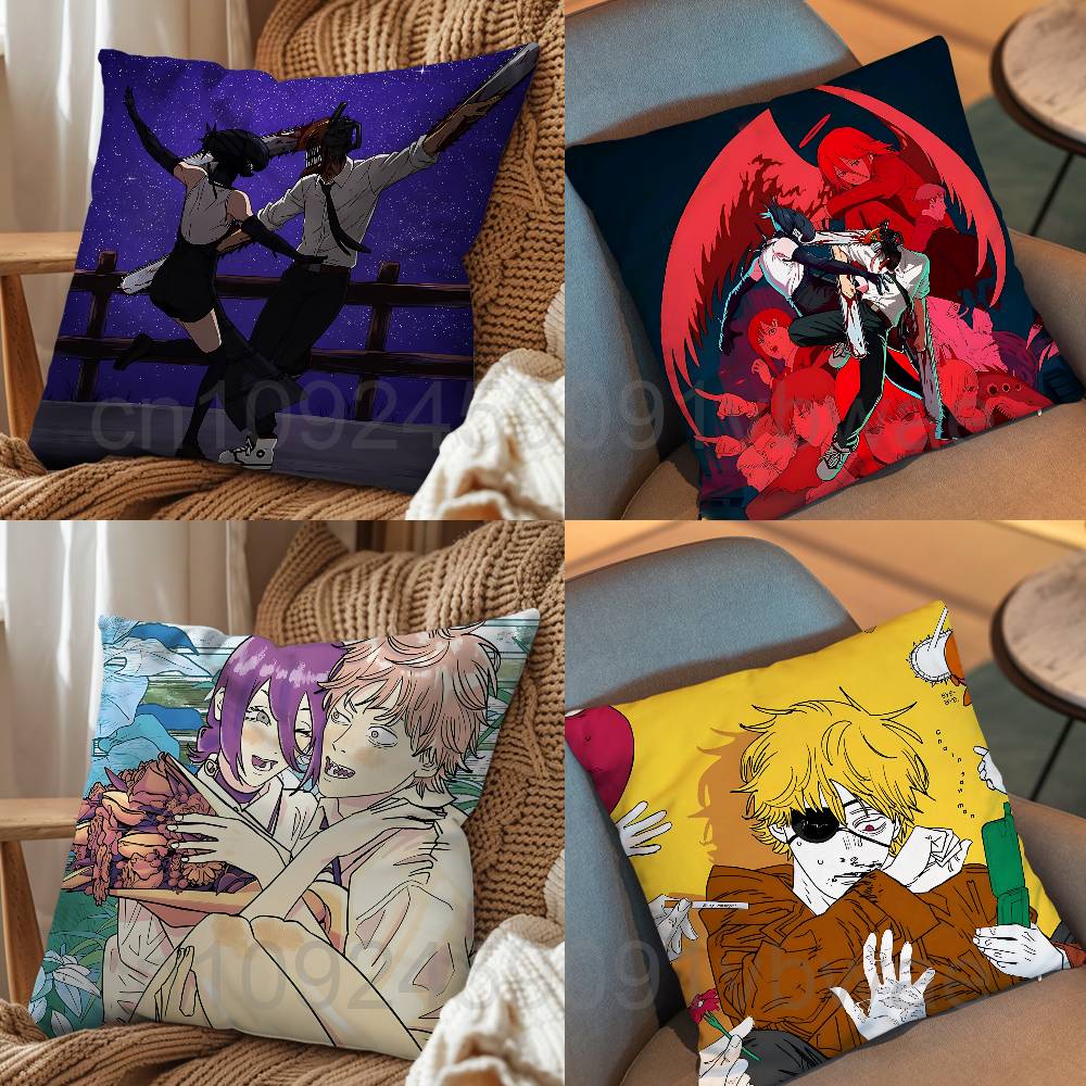 Home Landing Textiles - デンジ・レゼ・ラ・ランド・チェーンソーマンプリントスローピローカバー正方形クッションケースリビングルーム寝室装飾用