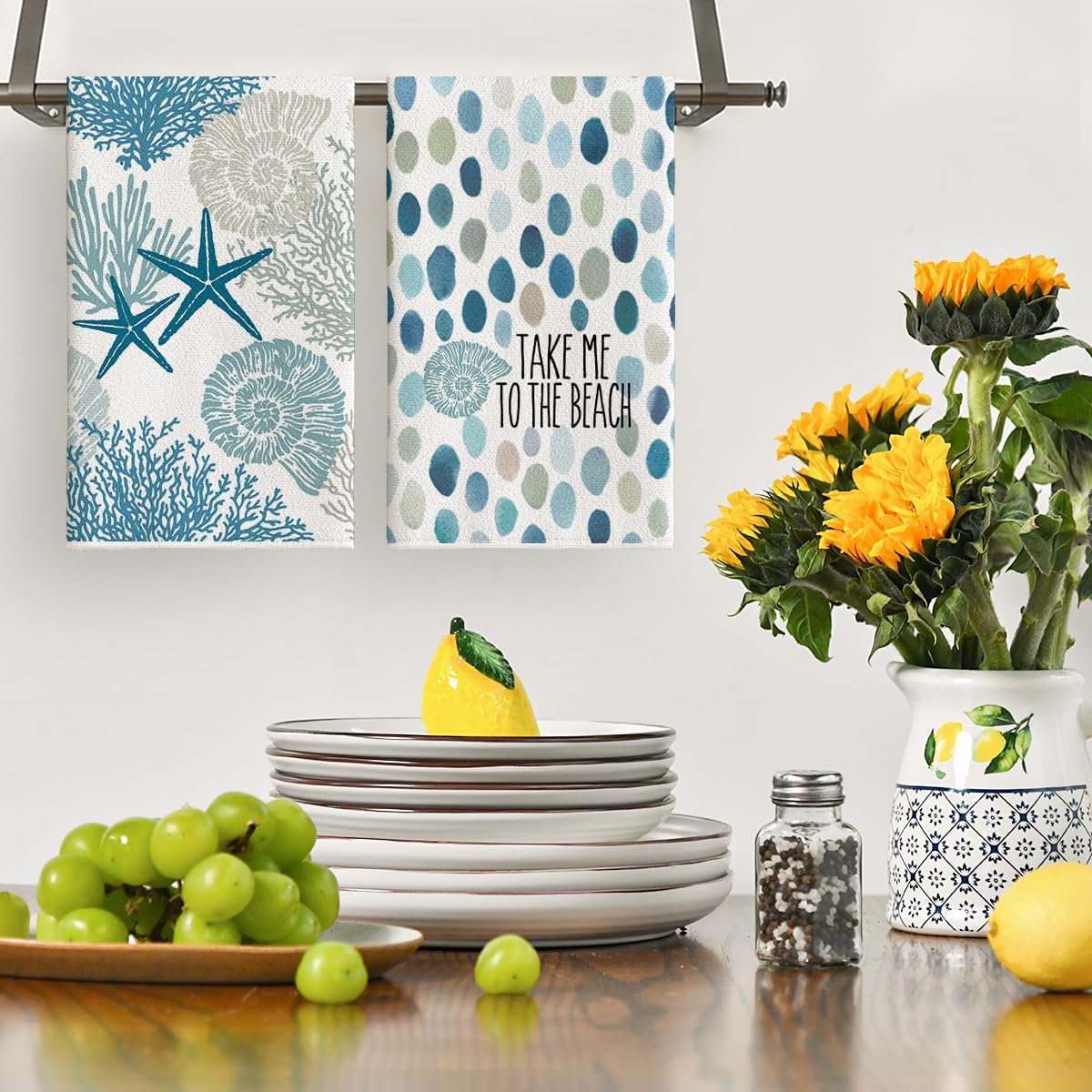 4枚セット、ストライプコーラルタツノオトシゴ柄サマーキッチン - Home Textiles Towel のレビューと価格