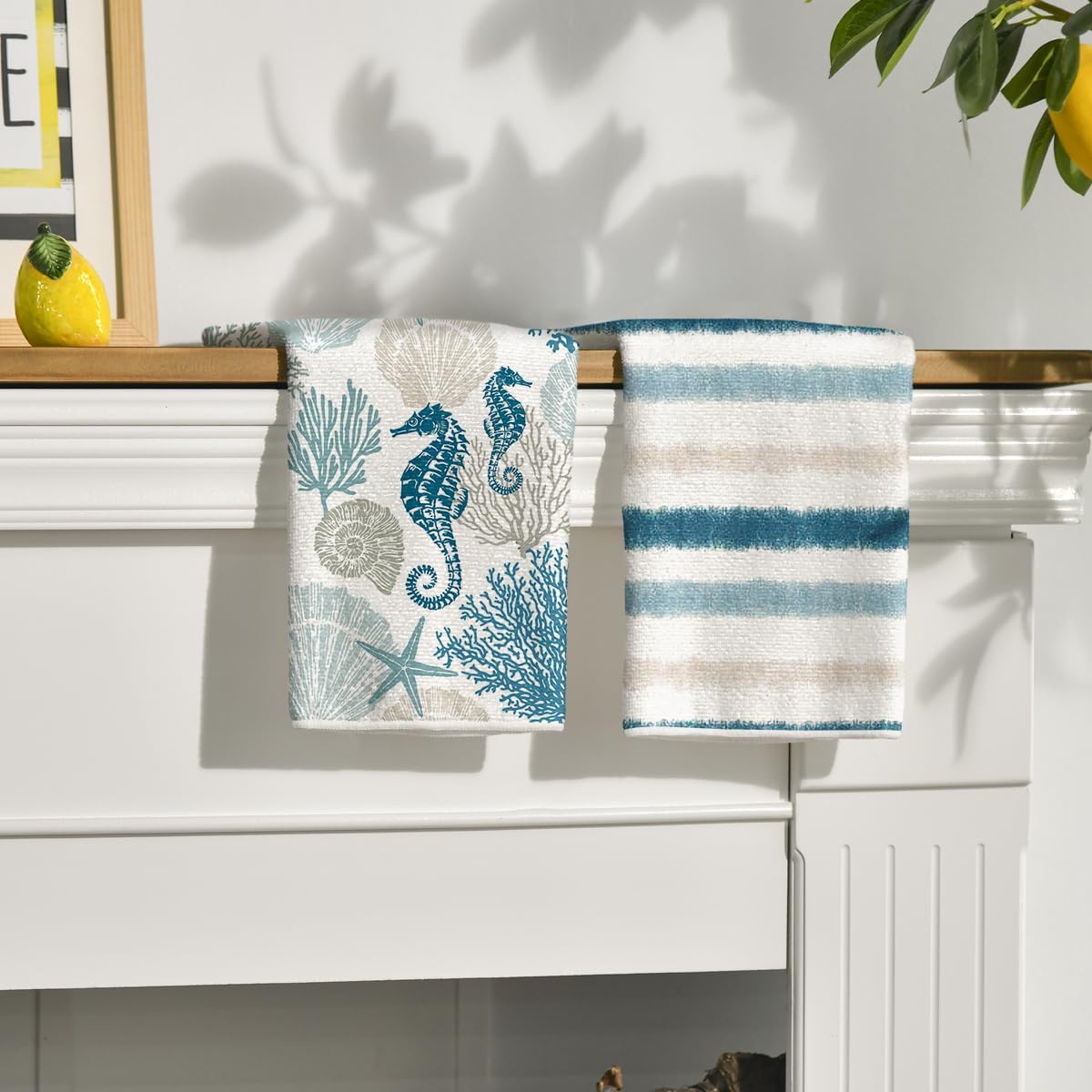 4枚セット、ストライプコーラルタツノオトシゴ柄サマーキッチン - Home Textiles Towel のレビューと価格