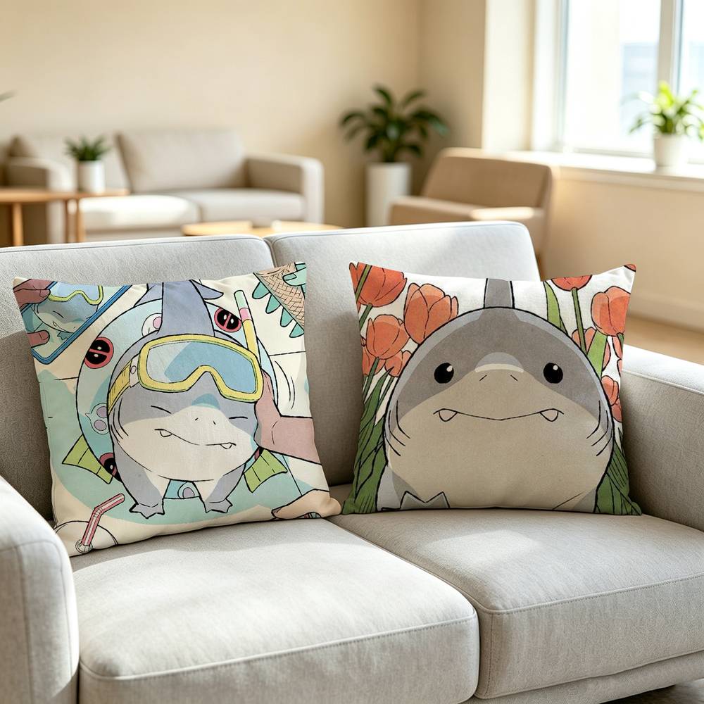 かわいいランドシャークのジェフ柄枕カバー、正方形両面ソファク - Home Landing Textiles のレビューと価格