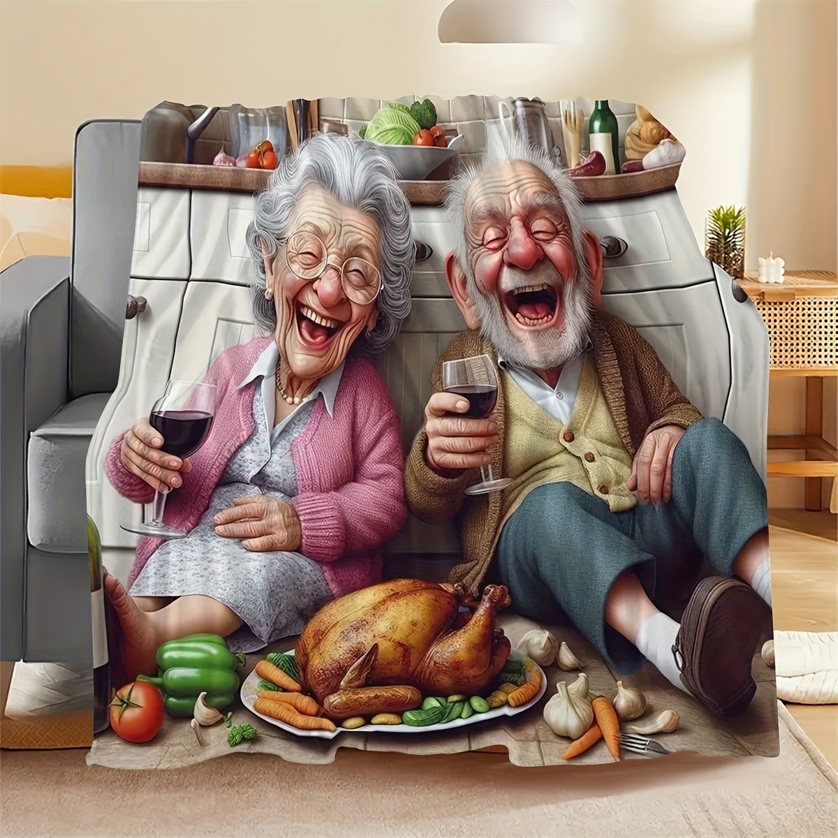 面白い漫画の老夫婦が七面鳥のロースト料理と赤ワインを楽しむ温 - Home Textiles Turkey のレビューと価格